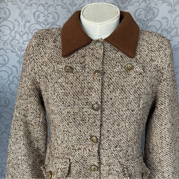 ViVi Vintage-style brown tweed babydoll Cottagecore Academia ruffle Sz L dress - Picture 3 of 16